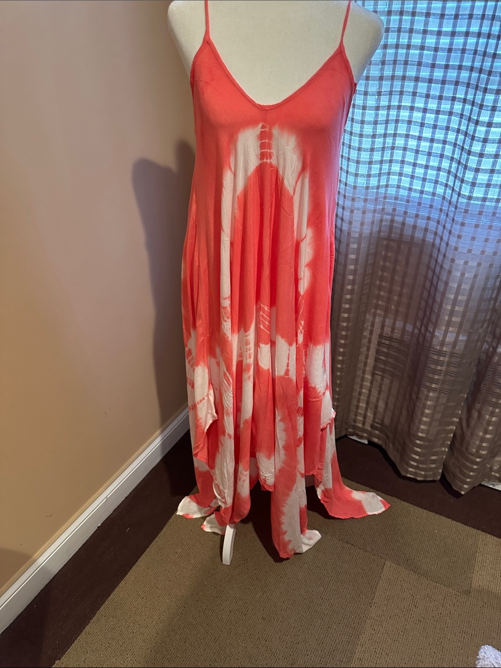Raviya Coral and White Tie-Dye Spaghetti Strap Maxi Coverup